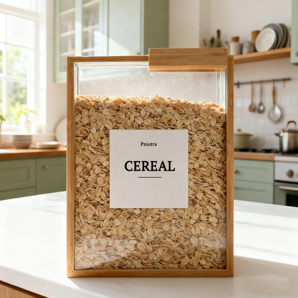 Pniotra Cereal Containers Storage Dispenser for Panty, Kitchen Organization Bamboo Food Storage Container with Lables for Rice, Snack, Tea, Dry Food, Pasta (1 Pack)