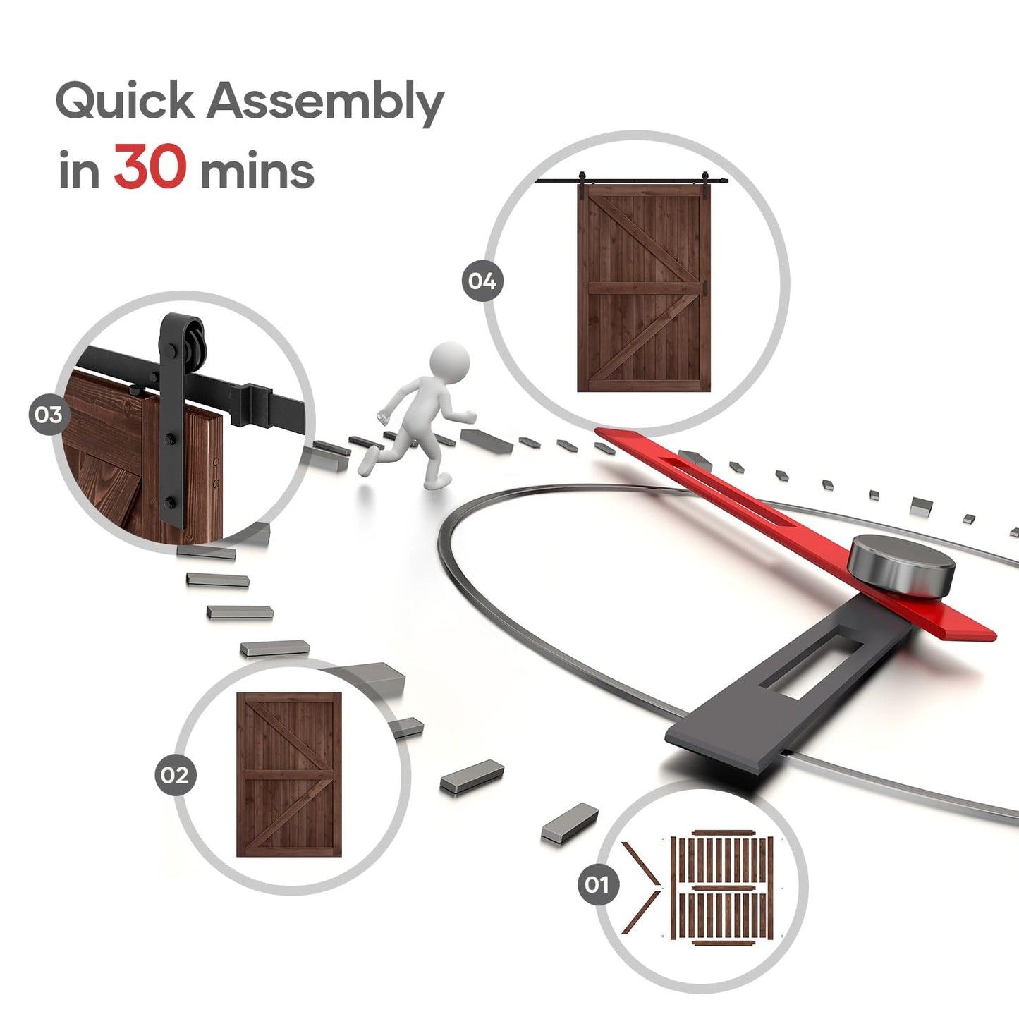 ROYMELO 54x84 inch Sliding Barn Wood Door Slab with 9ft Hardware Kit and Handle, Coffee, K Shape, Simple DIY Assembly