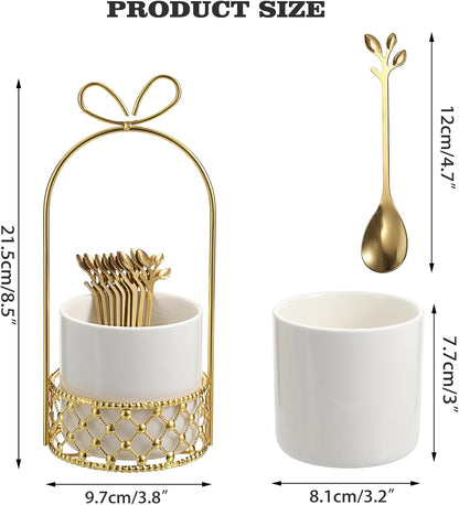 ELLDOO Coffee Spoon Set, 8 Stainless Steel Gold Leaf Coffee Spoons with White Ceramic Holder