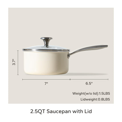 Redchef Ceramic Sauce Pan with Lid, 2.5QT Small Saucepan, Nonstick Cooking Pot with Stay-Cool Handle, Kitchen Non Toxic Soup Pot, PTFE & PFOA Free, Oven Dishwasher Safe, Compatible All Stovetops-Beige