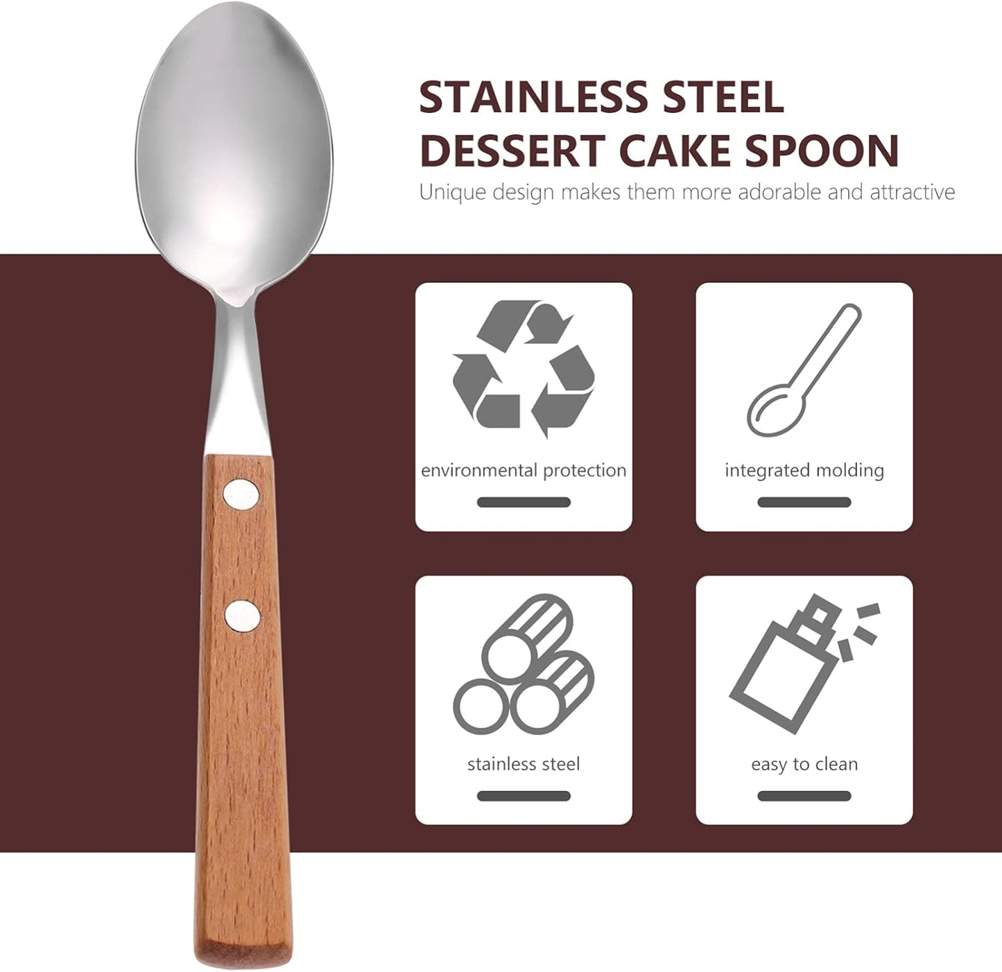 Hemoton 5pcs Stainless Steel Dessert Spoons, Wood Handle Tea Spoons, Ice Cream Cake Tasting Spoon, Dinner Spoon for
