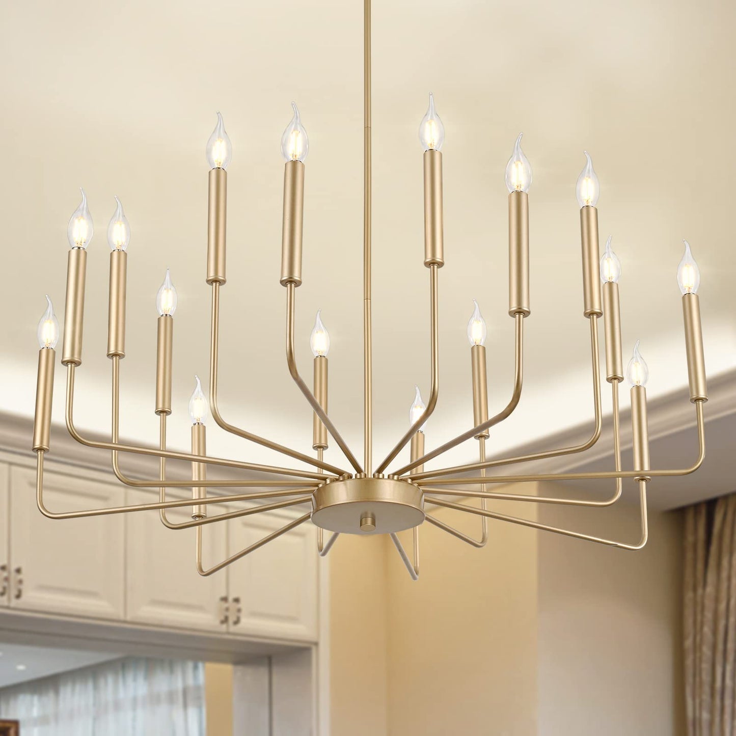 WOKNOS Modern Gold Farmhouse Chandeliers, 16-Light Industrial Metal Chandelier Lighting, Classic Candle Hanging Pendant Light Fixtures for Kitchen Island, Living Room, Dining Room, Stair