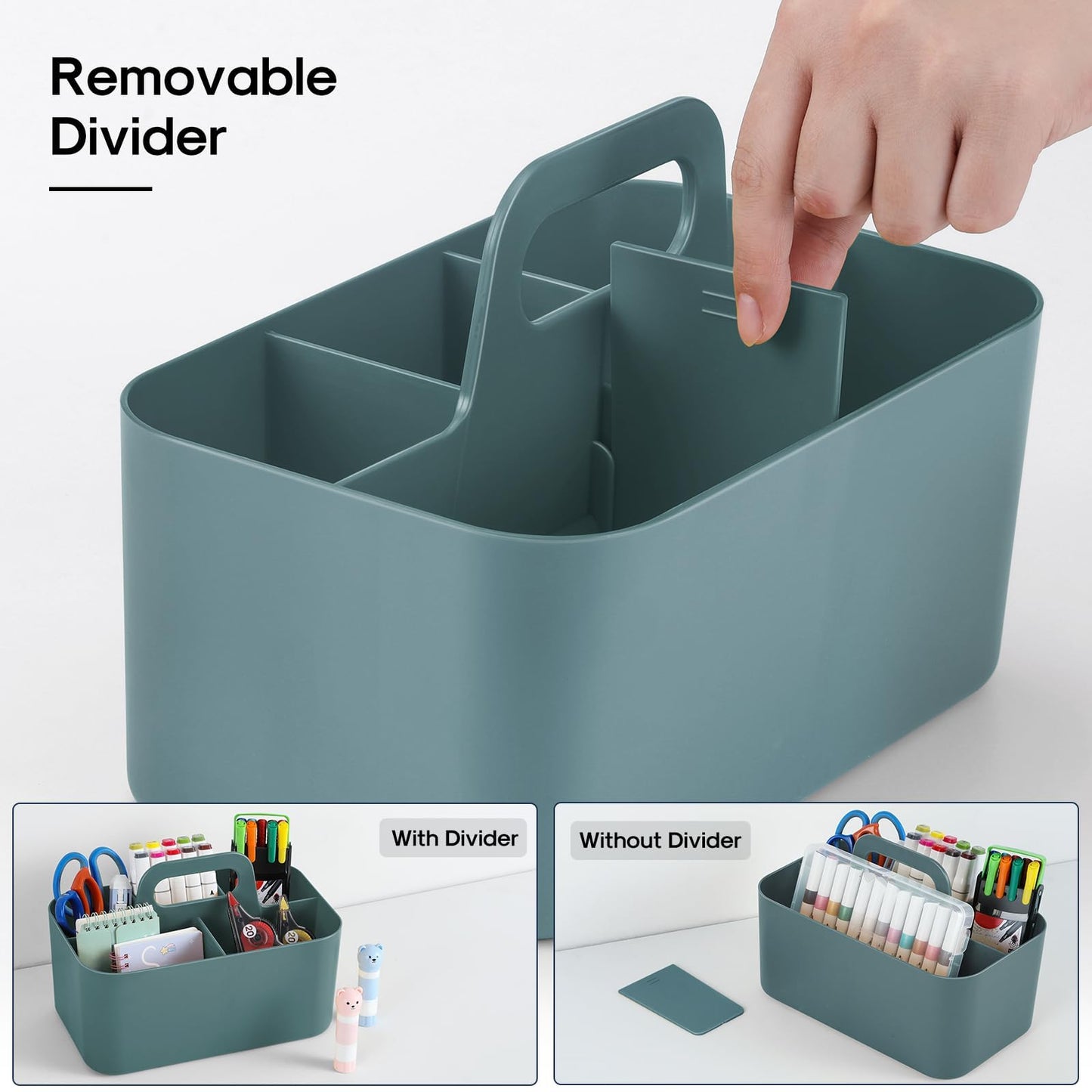 Multiuse Caddy Organizer with Handle, Portable Divided Plastic Tote Bin - Art Craft, Stationary Pen Marker Crayons, Makeup Hair Supplies Storage - Bathroom, Classroom, Dorm, Office, Desk Holder - Cyan