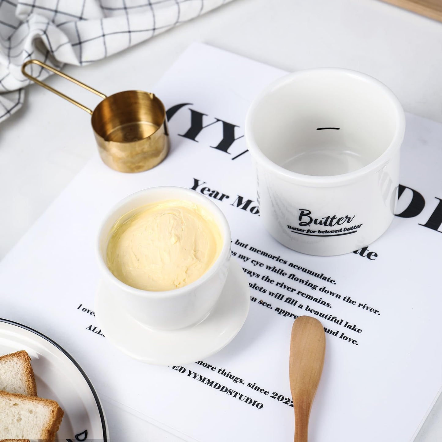 Butter Crock French Butter Dish with Lid and Knife for Countertop - Keeps Butter Soft and Fresh for 2-5 Weeks, White