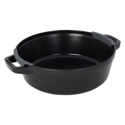 STAUB Cast Iron Set 4-pc, Stackable Space-Saving Cookware Set, Dutch Oven, Skillet, Grill Pan with Universal Lid, Made in France, Matte Black