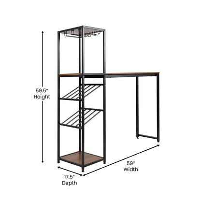 Flash Furniture Jura Metal Bar and Wine Table with Bottle and Stemware Storage, 2 Slanted Bottle Shelves, 3 Stemware Hangers, Waterproof Table Top, Black/Walnut