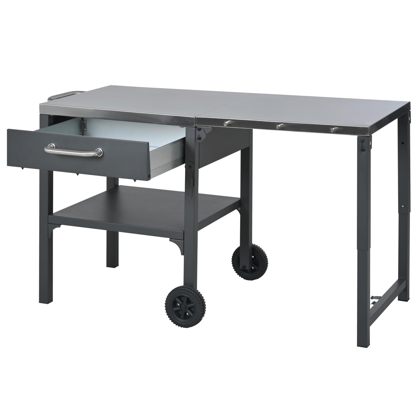 GDFStudio Outdoor Folding Kitchen Cart with Stainless Steel Top, Rolling Grill Prep Table with Drawer and Shelf, Portable Serving Cart with Wheels for Patio Backyard BBQ Cooking Station, Grey