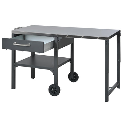 GDFStudio Outdoor Folding Kitchen Cart with Stainless Steel Top, Rolling Grill Prep Table with Drawer and Shelf, Portable Serving Cart with Wheels for Patio Backyard BBQ Cooking Station, Grey