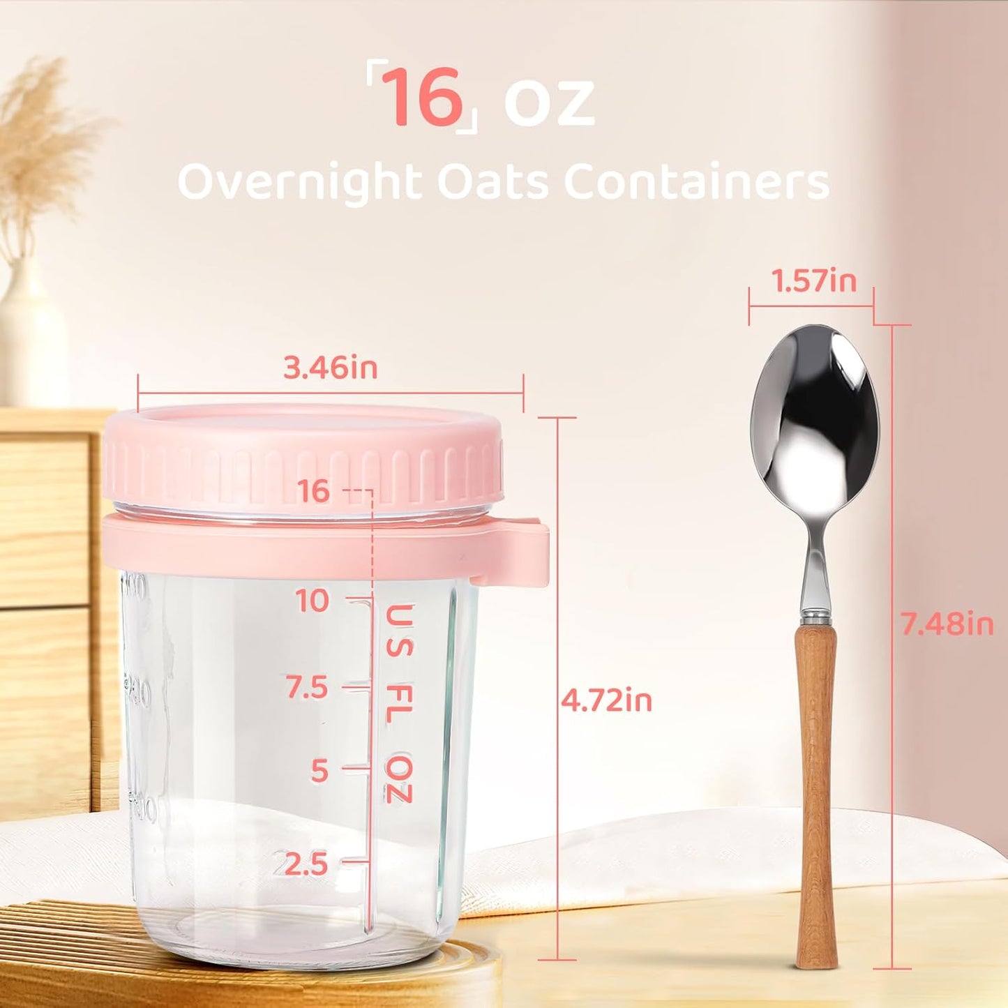 16oz 4 Pack HomArtist Glass Overnight Oats Containers with Lids and Spoon, Wide Mouth Mason Jars for Overnight Oats