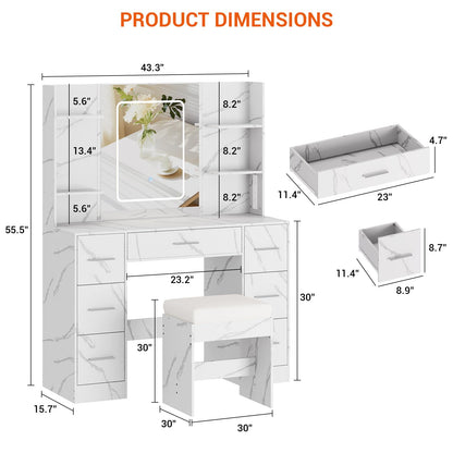 GarveeTech Makeup Vanity with Mirror, Light and Chair, Power Outlet, Hairdryer Holder, 7 Drawers, 3 Lighting Modes Brightness Adjustable Dressing Table for Bedroom