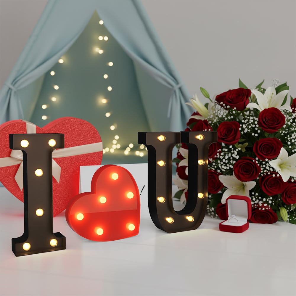 Black I LOVE U LED Marquee Sign Light Up Letters, LED Light Up Letters, Warm White Letter Lights for Wedding Proposal Decoration, I LOVE U Marquee Romantic Decorative Letter Signs, Battery Operated