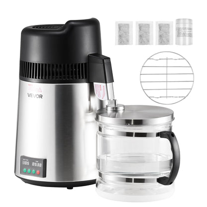 VEVOR Water Distiller, 6L/1.6 Gallon Larger Water Distilled Machine, 900W Distilling Water Maker with Glass Carafe, 0-99H Timing Set, Time & Temp Display, 304 Stainless Steel Water Stiller, Silver