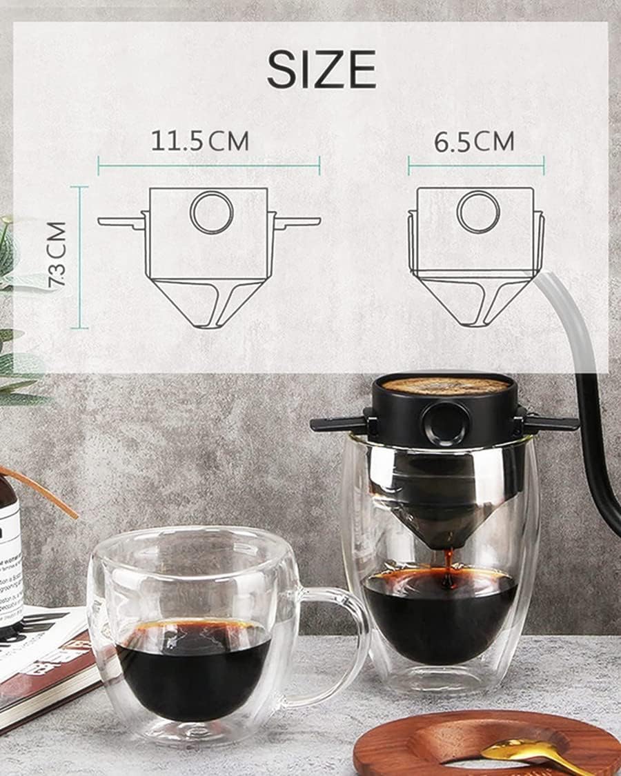 Portable Pour Over Coffee Maker, 1-2 Cup, Stainless Steel Coffee Filter, Reusable Mug Dripper for Home Office Travel
