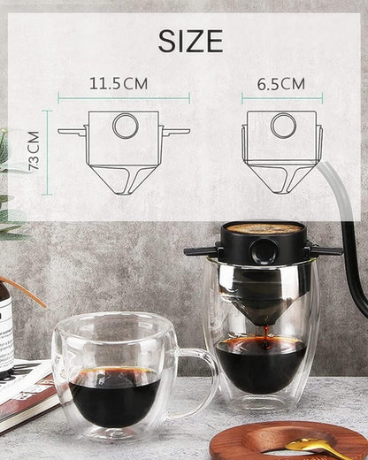 Portable Pour Over Coffee Maker, 1-2 Cup, Stainless Steel Coffee Filter, Reusable Mug Dripper for Home Office Travel