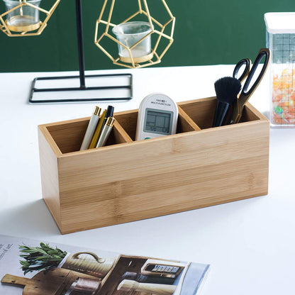 YOSCO Bamboo Wood Pens Pencils Holder Cup for Desk Remote Control Holder, Caddy,Organizer,Desktop Storage with 3 Compartments,Makeup Brush Holder,Silverware Caddy for Party,Office Supplies (3 Grid)