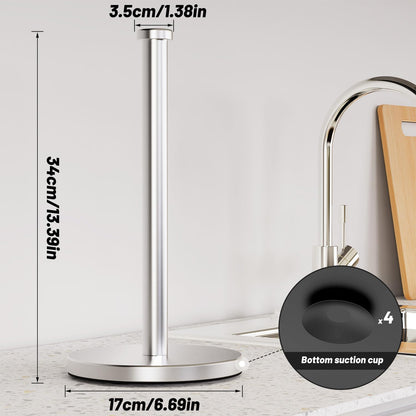 VEHHE Paper Towel Holder Countertop, Stainless Steel Paper Towel Holder Stand with Weighted Base Suction Cups, Standing Paper Towel Roll Holder for Kitchen Bathroom (Silver)