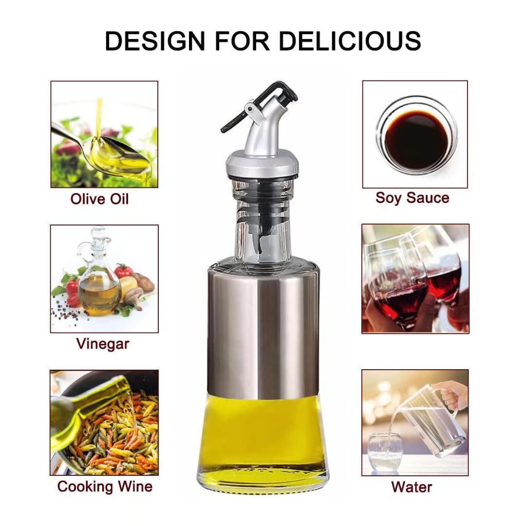 Mincham Olive Oil Dispenser - 7oz (200ml) Glass & Stainless Steel Oil & Vinegar Cruet with No-drip Spout & Pouring Funnel