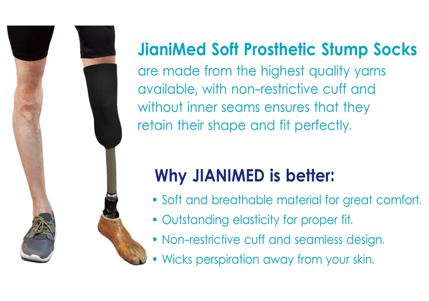 JianiMed Cotton Prosthetic Stump Socks – BK, 1 PLY, Light Compression, Soft, Thin, Amputee Socks, Taiwan Excellence, 4 PCS XL/2XL/3XL