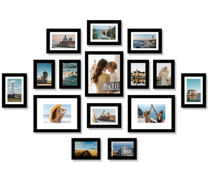 JCJMY 15 Pack Picture Frames Collage Wall Decor for Wall Hanging or Tabletop, Gallery Wall Frame Set for Family, Multi Sizes Photo Frames Collage Including 3Pcs 8x10, 6Pcs 5x7, 6Pcs 4x6, Black