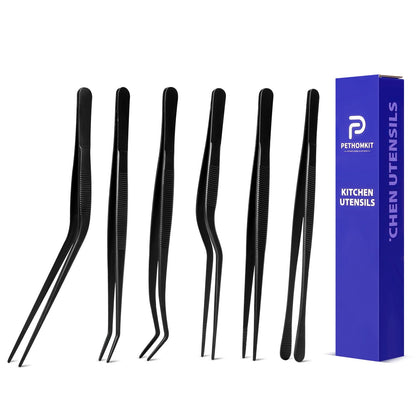Kitchen Tweezer Tongs Set,6 Pcs Kitchen Tweezers,6.3" Cooking Tweezers Set,Stainless-Steel Food Chef Culinary Tweezers Tongs for Baking Decorating Feeding Plating,Black