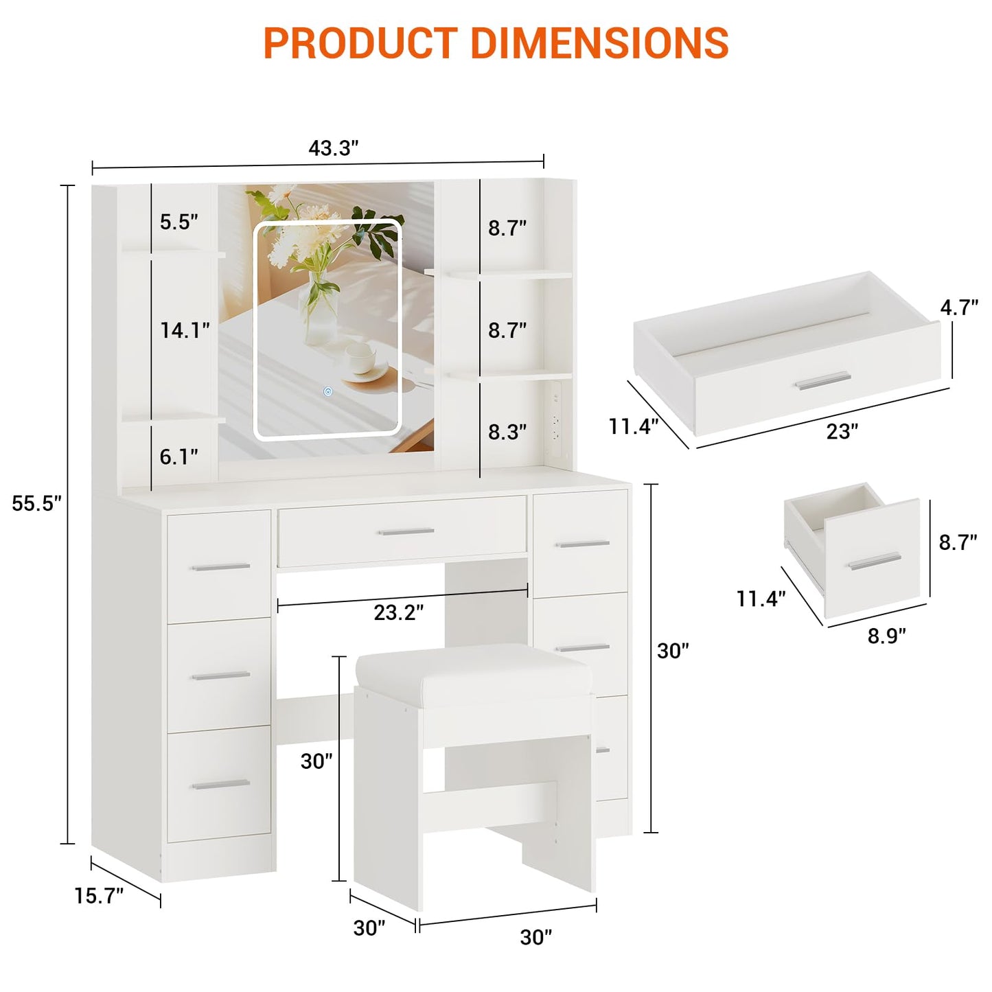 Garvee Makeup Vanity with Mirror and Chair, Power Outlet, Hairdryer Holder, 7 Drawers, 3 Lighting Modes Brightness Adjustable Dressing Table for Bedroom (White)