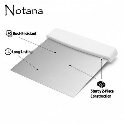 Notana Stainless Steel Dough Cutter and Bench Scraper with White Plastic Handle - Pastry Scraper and Dough Divider for Bread, Pizza, Pastry, Baking Prep, and for Kitchen Use (5 7/8" x 4 1/4")
