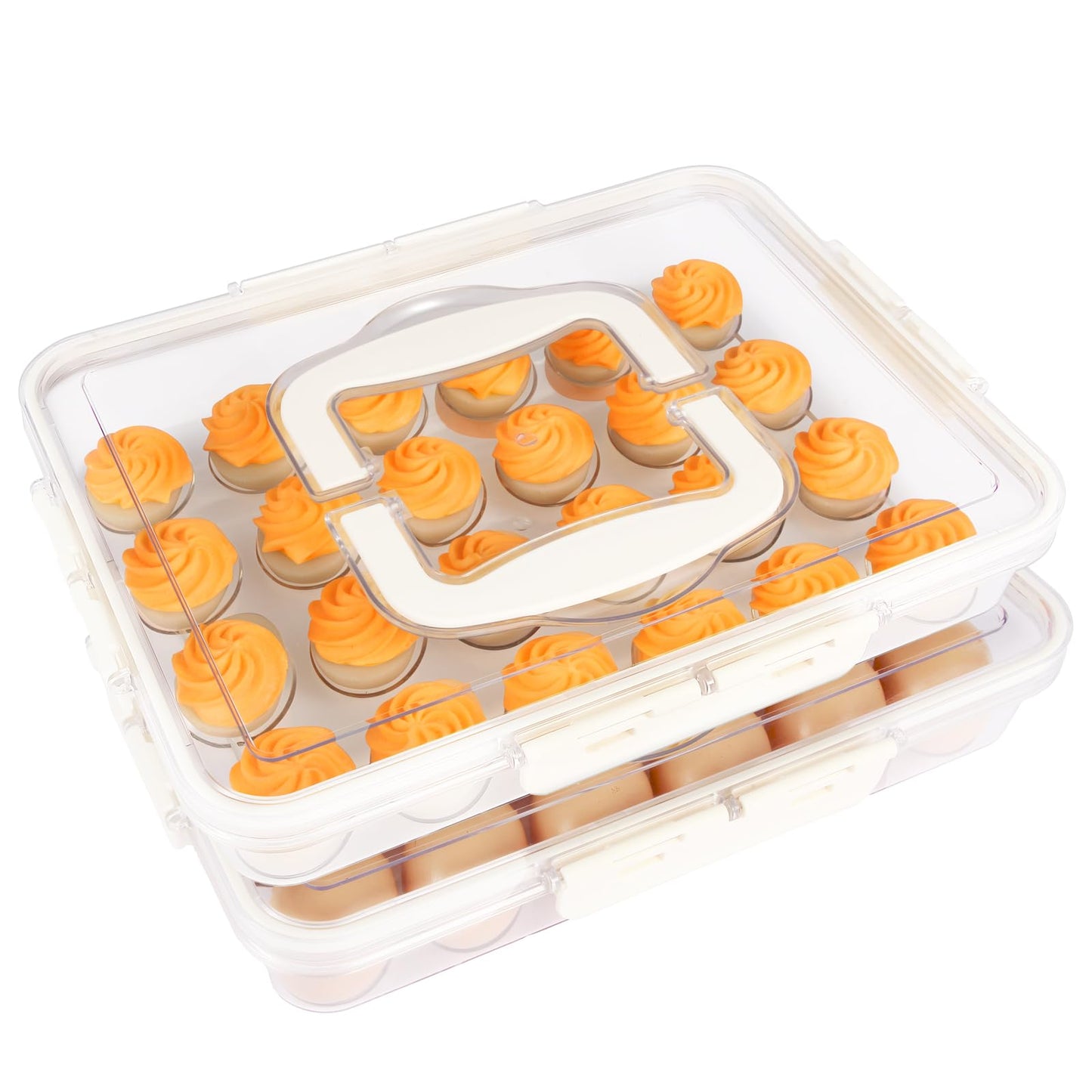 RoskDeewat Deviled Egg Containers with Lid, 2 Pack Thick Clear Plastic Deviled Carrier with Handle Storage 48 Eggs, Stackable Egg Holder Portable Tray Platter for Fridge, Travel, Party-White