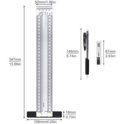 Smgda Precision Marking T-Rule Stainless Steel T Square with Mechanical Pencil & 0.5mm Refill Scribing Line Ruler for Marking or Measuring, for Carpenters, Designers, Architects, Engineers 300mm