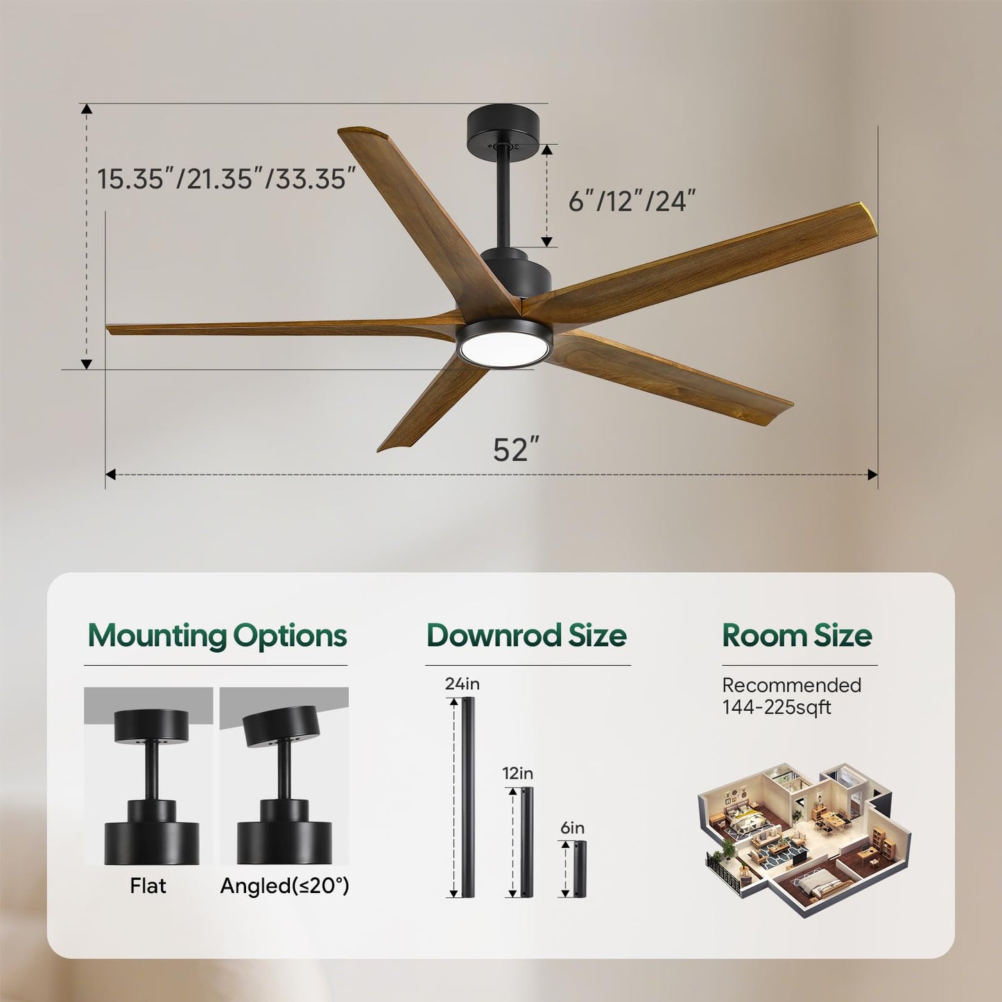 52 Inch Smart Outdoor Ceiling Fan with Light, Alexa/App/Remote Control, 5 Walnut Solid Wood Blades, Modern Farmhouse, Quiet Energy Efficient DC Motor, Damp Rated for Patio Porch Indoor Living Room