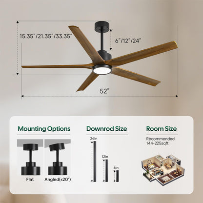 52 Inch Smart Outdoor Ceiling Fan with Light, Alexa/App/Remote Control, 5 Walnut Solid Wood Blades, Modern Farmhouse, Quiet Energy Efficient DC Motor, Damp Rated for Patio Porch Indoor Living Room
