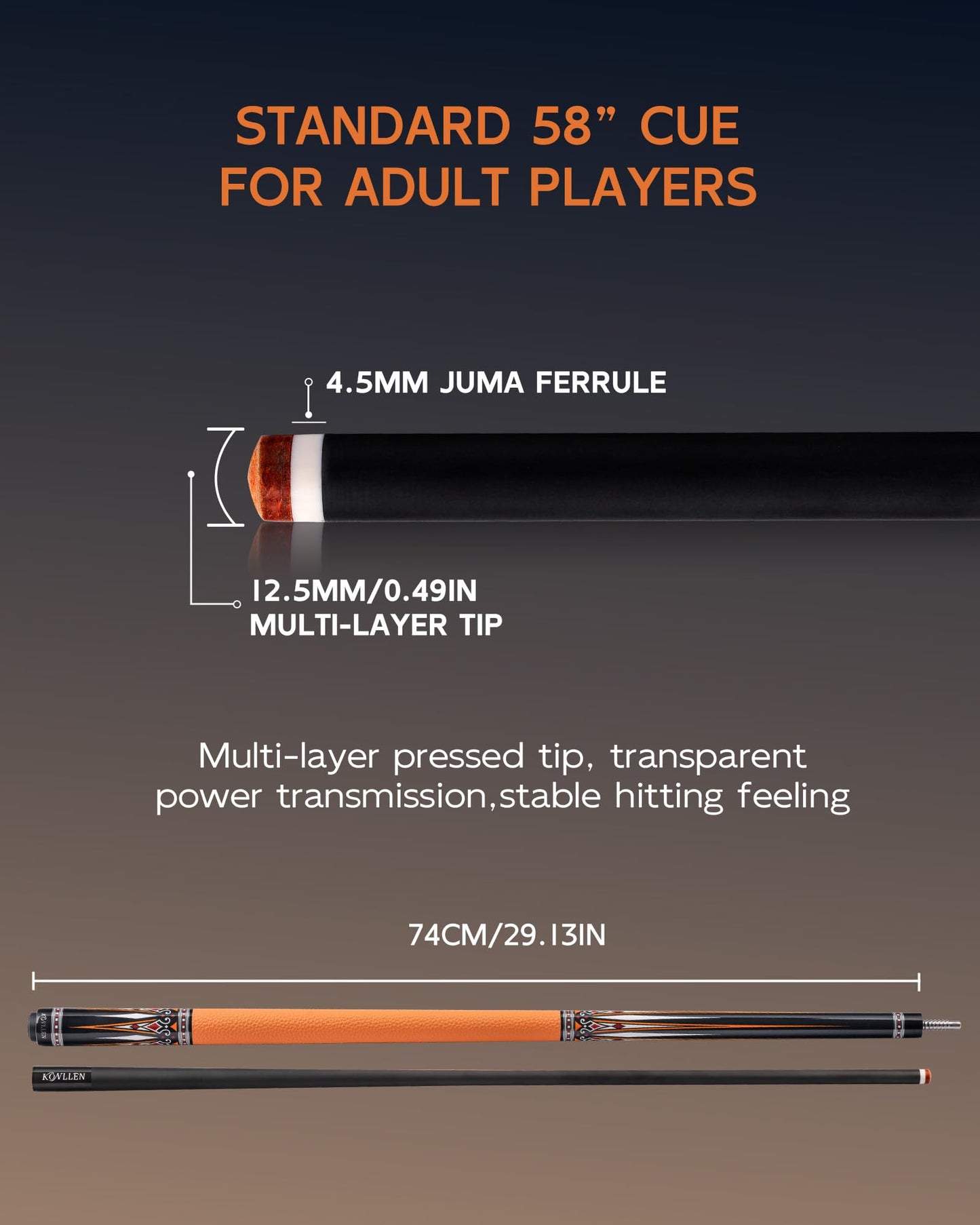 KONLLEN Carbon Fiber Pool Cue 2.0, 58-inch Low Deflection Billiard Stick for Adults with 12.5mm Tip and Pro Taper