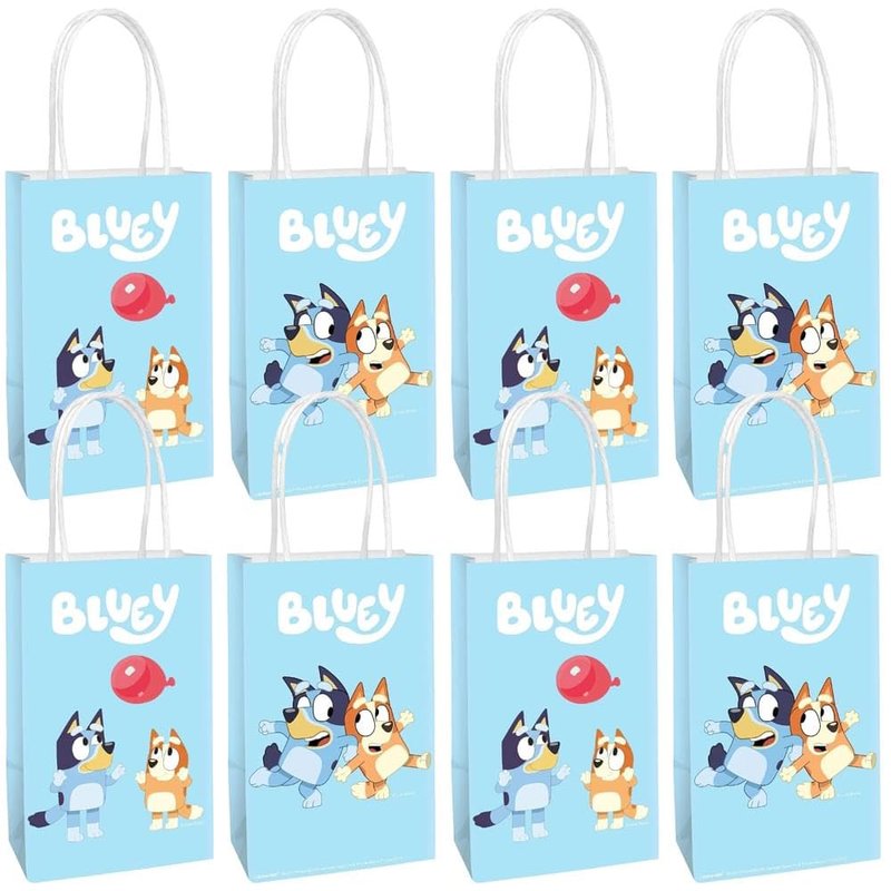 Multicolor Bluey Printed Party Favor Bags - 8.25" x 5.25" x 3", Pack of 8 Blue Kraft Treat Bags - Perfect Paper Bags for Kids Birthday, Baby Shower, Themed Party & More