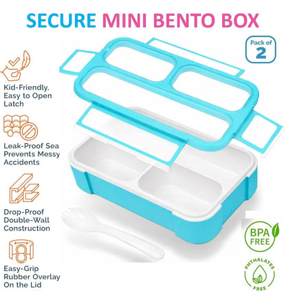 Small Snack Containers for Kids Toddlers - 3 Compartments (Set of 2) - Leak-Proof Reusable Boxes with Lids -BPA-Free Plastic Mini Bento Lunch Box - Ideal for School, Daycare - Holds 2 Cups (Pink+Blue)