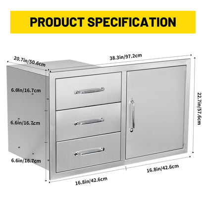 SGOLAN Outdoor Kitchen Door Drawer Combo Cabinet 38.1W x 22.6H x 20.8D BBQ Access Door&Triple Drawers Combo, Stainless Steel Handles for Outdoor Kitchen Island