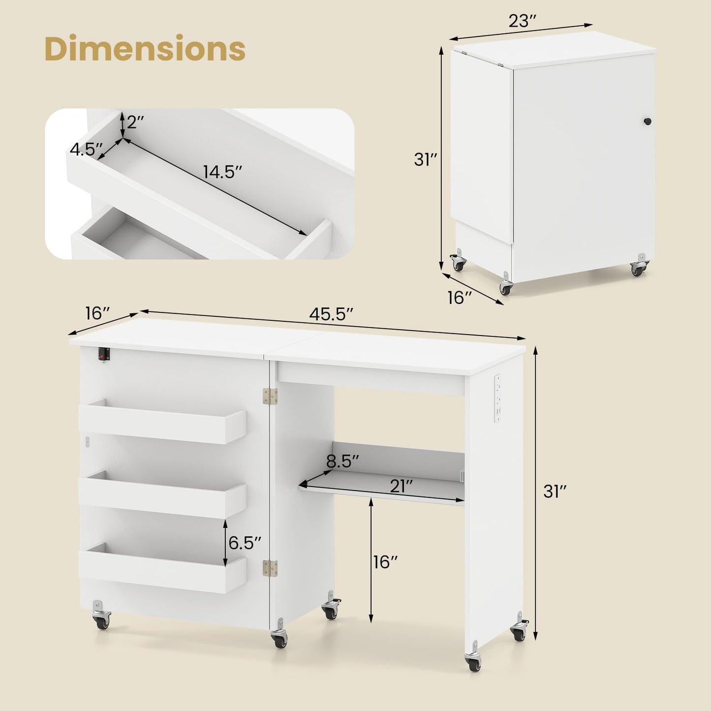 Giantex Folding Sewing Table with Charging Station, Rolling Craft Table with Storage Trays & Shelf, Foldable Sewing Machine Cabinet Desk with Lockable Wheels for Small Spaces (White)