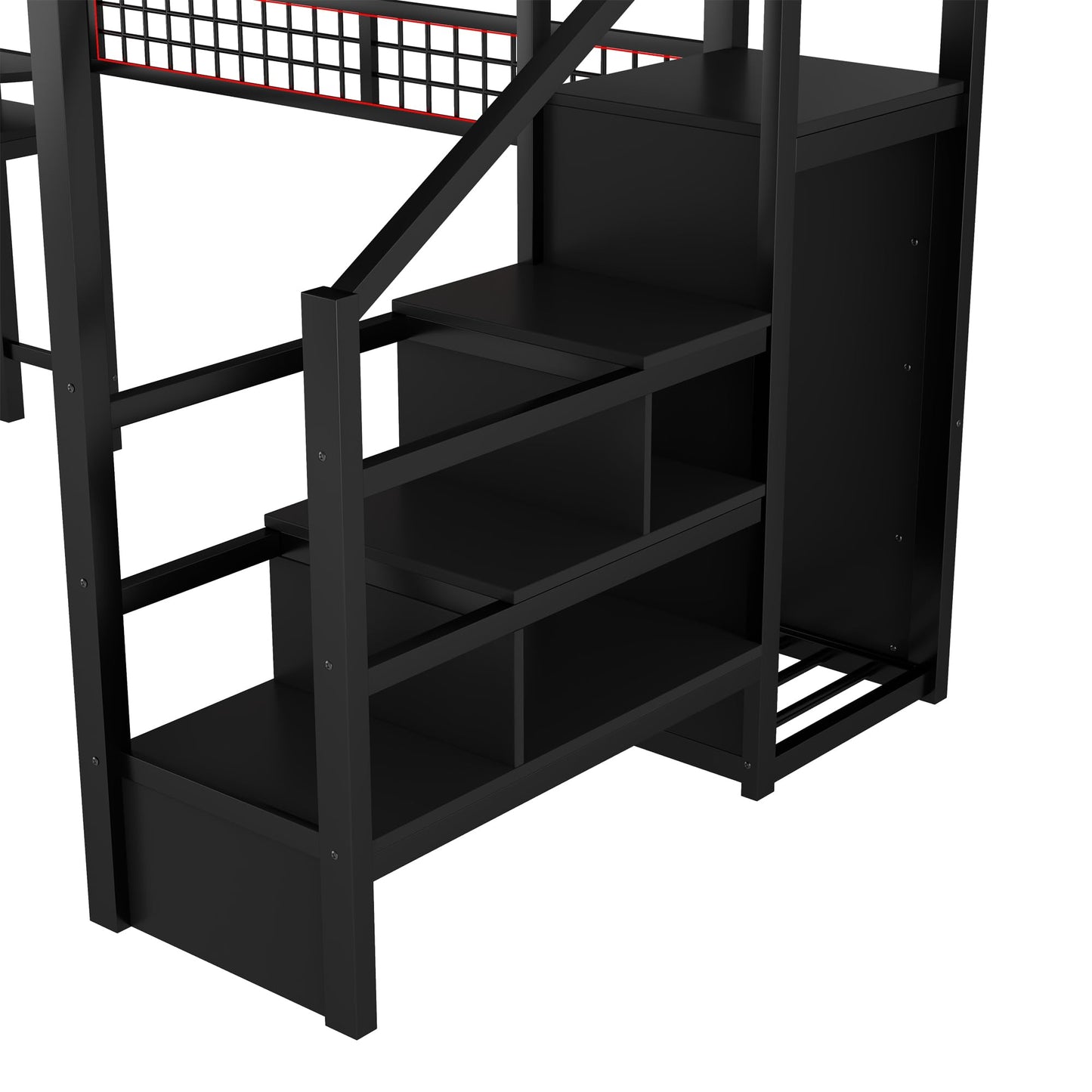 KEIKI Full Size Loft Bed with Storage Stairs, Wardrobe & Desk, Metal Loft Bed with Light, USB Ports, Guardrails, Storage Shelves, Space Saving Frame with High Guardrails for Kids Teens Adult, Black
