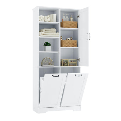 Merax Cabinet with Tilt-Out Laundry Hamper Basket, Tall Bathroom Storage Organizer Linen with Open Shelf for Home, Freestanding, White