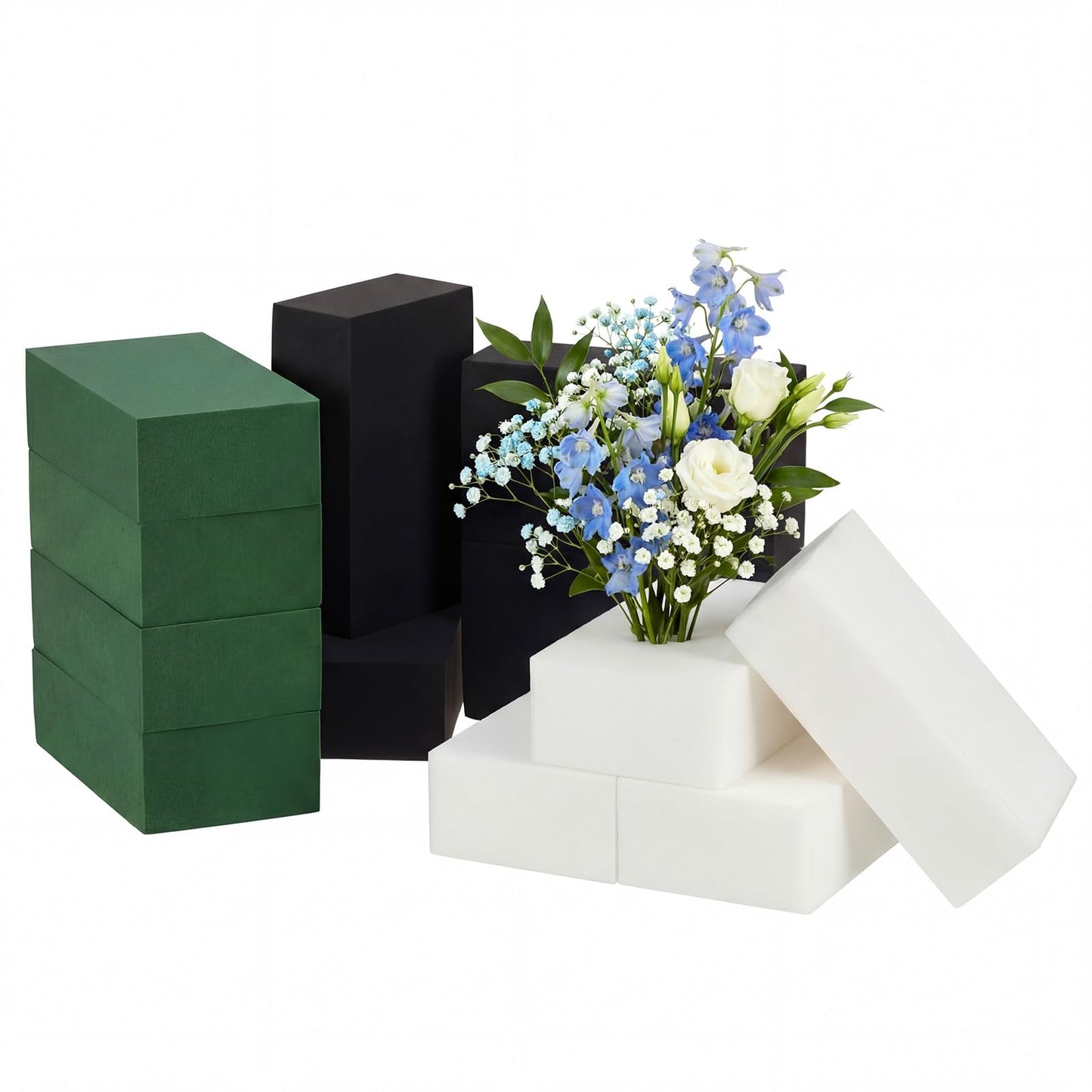 Maasechs 12 Pcs Floral Foam Blocks for Flower Arrangements, 5.5 x 3.1 x 1.7 Inch Wet and Dry Plant Foam for Florist Flowers, Wedding, Birthdays, Home DIY and Garden Decoration (Green, Black, White)