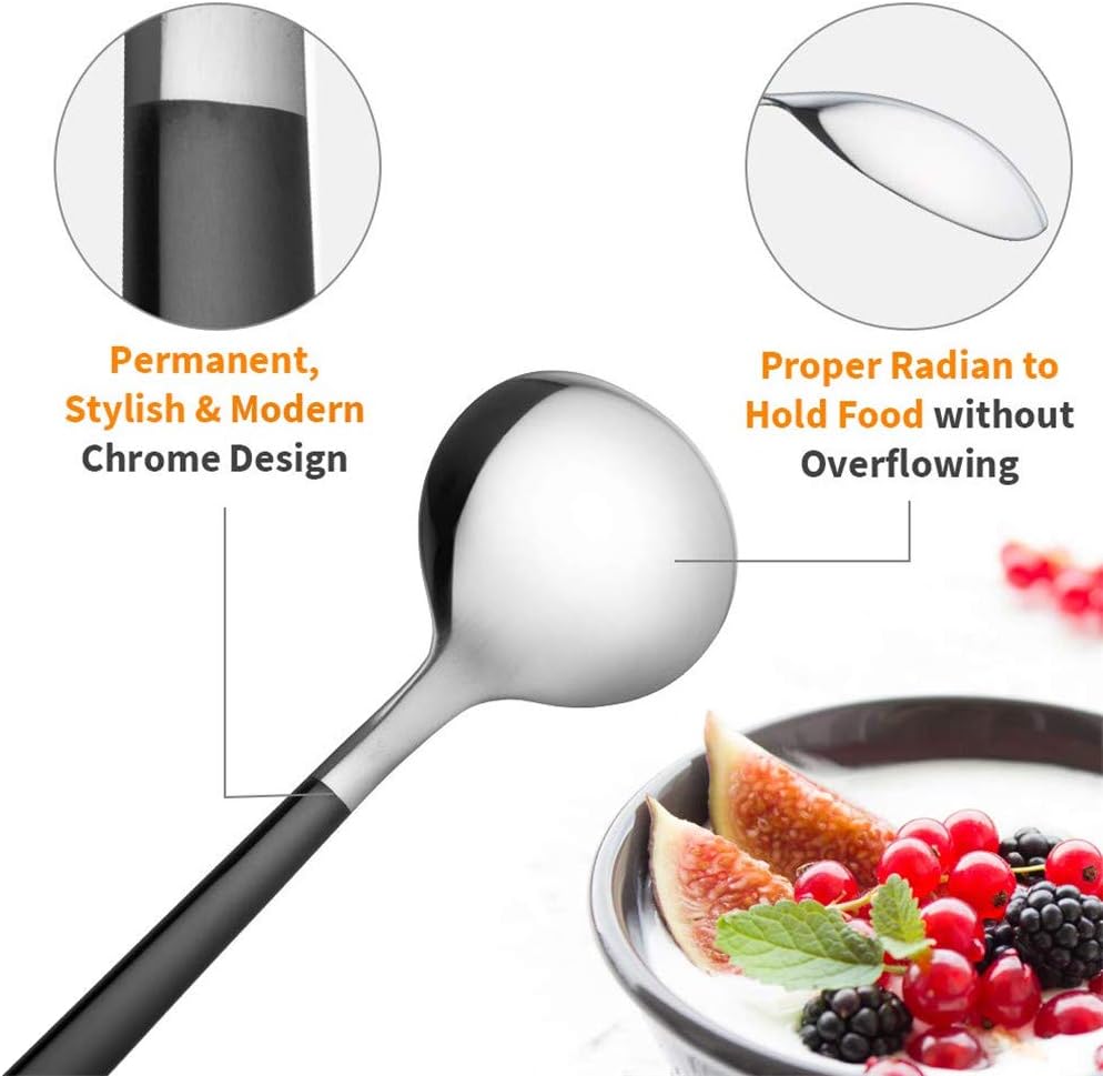 4-Piece Stainless Steel Dinner Spoons, 8 inches Comfort Long Handle, Mirror Polished Flatware, Dishwasher Safe (Black)