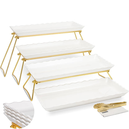 KAQAHIDO Extra Large 4 Tier Serving Tray Set, 34x22x10 inch Wave Edge Melamine Dessert Table Display Set, Tiered Trays Stand for Party Buffet Entertaining, Gold and White