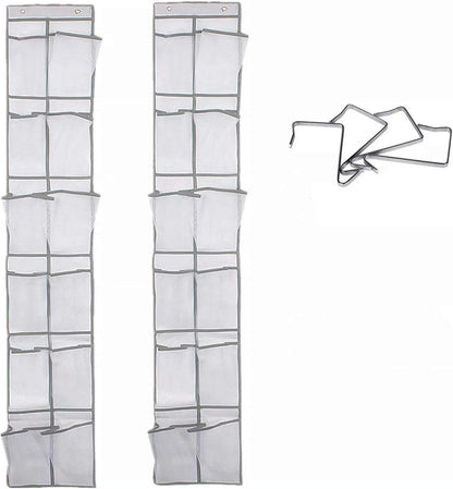 Over The Door Shoe Organizer | Hanging Shoe Hanger with 12 Large Clear Mesh Pockets for Narrow Closet Door, 2 Pack