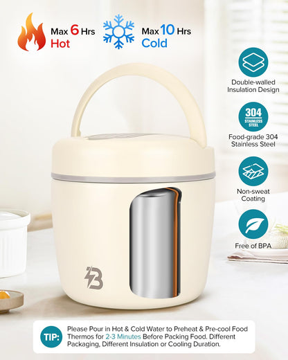 TSAKBAM Thermo for Hot Food for Adults, 40OZ Wide Mouth Insulated Food Jar with Spoon, Leak Proof Stainless Steel Lunch Soup Thermo for Food (White)