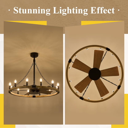 Natural Farmhouse Wood Wagon Wheel Chandelier Fans with 12 Lights and Remote, Rustic Wooden Ceiling Fan Light 36in Fandelier for Bedroom Dining Room Kitchen Living Room