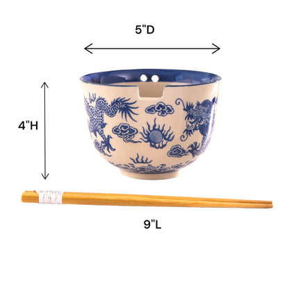 Urban Tokyo Handpainted Ceramic Glazed Japanese Ramen Udon Noodle Rice Bowl With Chopsticks 20 fl oz 5 inch Diameter Bowl Sets Color Box Packaging (Oriental Dragon Blue)