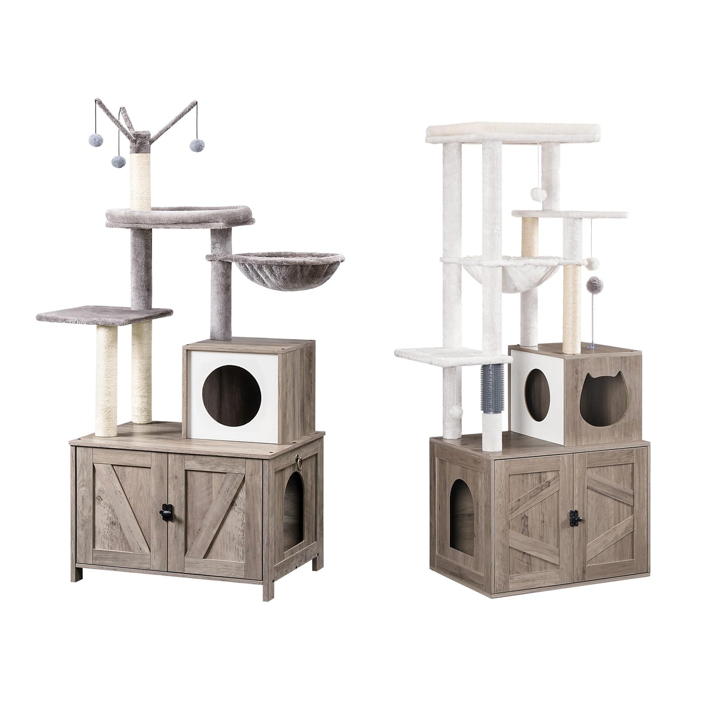 HOOBRO Cat Tree with Litter Box Enclosure Indoor, Wooden Cat Tower with Scratching Posts, Litter Box Furniture Hidden, All-in-One Cat House, Greige BG15MZ03-BG51MZ03