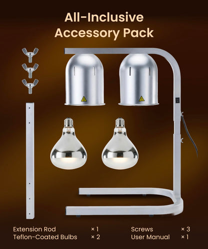 AZZO KITCHEN Heat Lamp for Food 500W Teflon-Coated Bulbs Food Heat Lamp for Fast and Even Heating Commercial Food Warmer with 5 Adjustable Height Lamp Stand for Home Restaurant Buffet Bakery Silver