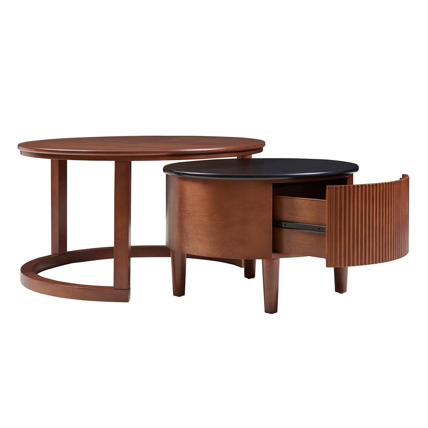 Merax 31.5'' Vintage Round Nesting Wood Coffee Table Set, 2-Tier with Drawer & Storage, Two-Tone Finish Fluted Design for Living Room Apartment, Walnut+Black