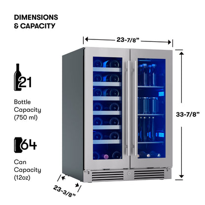 Zephyr Presrv 24 Inch Wine Fridge & Beverage Refrigerator Dual Zone Under Counter - Wine Cooler Cellars Small Beer Fridge Cabinet Drink Chiller Freestanding with French Glass Door 21 Bottles, 64 Cans