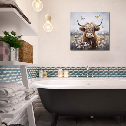 Enartly 14"x14" Highland Cow Bathroom Wall Art, Rustic Farmhouse Animal Canvas Print, Nature Flower Landscape Decor