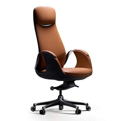TOMU Top Grain Genuine Leather Executive Office Chair Brown, Luxury Office Chair with Aluminum Sturdy Base, High Back Ergonomic Boss Chair for Long Hours, Reclining and Rolling smoothly, (Brown)